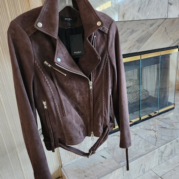 MUUBAA Brown Leather Belted Biker Moto Jacket NWT - Picture 4 of 14